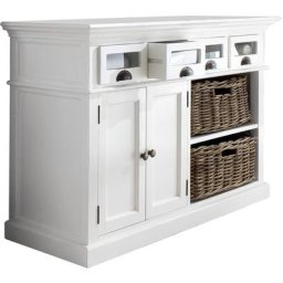 Halifax Buffet avec 2 portes, 2 paniers et 4 tiroirs en verre, blanc.