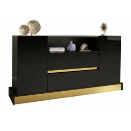 Commode Merced 107, Noir + Noir brillant + Or, Avec tiroirs et portes, 86x170x40cm - Noir + Noir