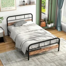 Lit simple, cadre de lit en métal avec tête de lit en bois et sommier à lattes, 120X200cm, noir
