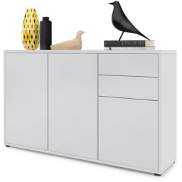 Vladon - Commode Armoire Dressoir Crédence Ben V3 Blanc mat - haute brillance - Façades en Blanc
