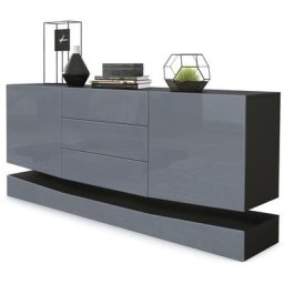 Buffet Commode Dressoir Crédence City en Noir - haute brillance & tons naturels - Façades en Gris