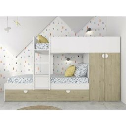 Lits superposés Wilson pour deux enfants Blanc mat et Chêne avec armoire chêne et blanc