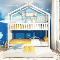 Lit cabane, lit d'enfant, lit de jeune, 90x200cm, trois lits, extensible, design peu encombrant,