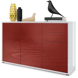 Commode Armoire Dressoir Crédence Ben V3 Blanc mat - haute brillance - Façades en Bordeaux haute