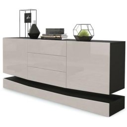Buffet Commode Dressoir Crédence City en Noir - haute brillance & tons naturels - Façades en Gris