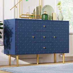 Commode avec 2 Portes et 3 Tiroirs Meuble de Rangement pour Chambre Salon Bleu Marine 120 x 40 x 82