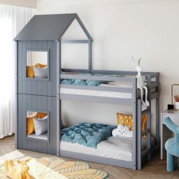 Lit superposé enfant 90 x 200 cm avec échelle et toit, Lit cabane avec sommier, Cadre de lit en
