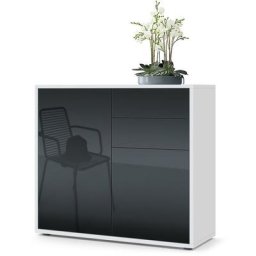 Commode Armoire Dressoir Crédence Ben Blanc mat, haute brillance & tons naturels - Façades en Noir