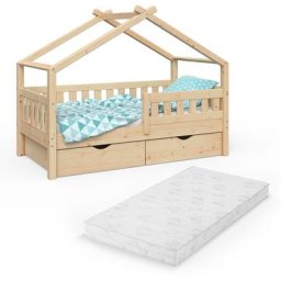 Lit cabane ""Design 80x160cm Nature avec 2 tiroirs et matelas Vitalispa