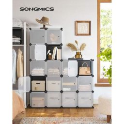 Meuble de Rangement Modulable, 16 Compartiments, Étagère en Plastique, avec Portes, pour Vêtements,