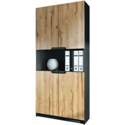 Vladon - Armoire de bureau haute Rangement Logan V2 Noir, haute brillance & tons naturels - Façades