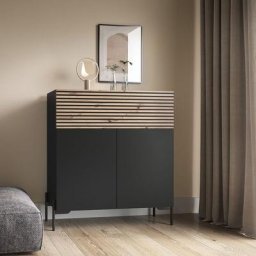 Selsey - lammelo - Commode de 92 cm de haut - noir/lattes de chêne