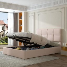 Lit coffre double 140 x 200 cm en lin beige, Sommier à lattes en métal, Tête de lit réglable,