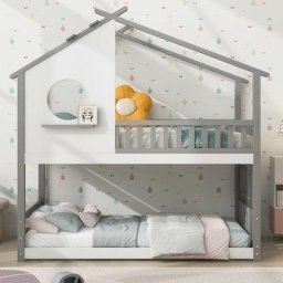 Merax - Lit cabane 200x90cm lit superposé avec échelle 2 étagères, Lit enfant avec protection