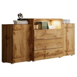 Commode Sarasota 127, Chêne wotan, Avec tiroirs et portes, 81x150x39cm - Chêne wotan