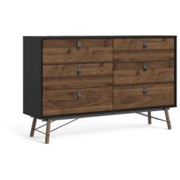 Rye Commode large 6 tiroirs noir mat, teinte noyer.