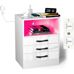 Table de Chevet avec 2 tiroirs et 16 Couleurs Lumières LED,Table de Nuit avec Port usb et Prise