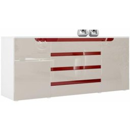Buffet Commode Dressoir Crédence Sylt en Blanc - haute brillance & tons naturels - Gris sable /