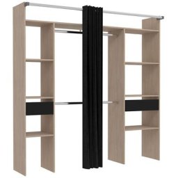 Dressing bois avec rideau noir et 2 penderies, 6 étagères et 2 tiroirs elysee - Bois