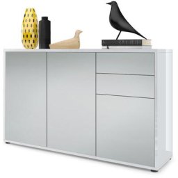 Commode Armoire Dressoir Crédence Ben V3 Blanc mat - haute brillance - Façades en Gris clair satiné