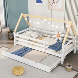 Merax - Lit cabane 200x90cm lit gigogne avec roulettes, Bois massif, Couleur naturelle et blanc