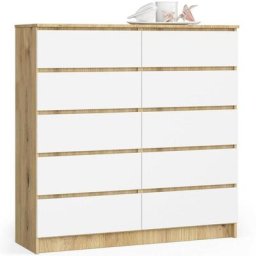 Commode Akord K120 Chêne Artisan 120 cm 10 tiroirs façade Blanche 120x40x121 cm