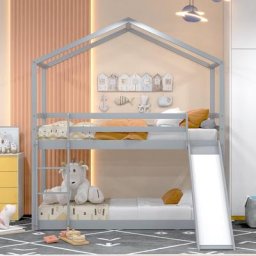 Lit cabane enfant 90 x 200cm avec toboggans, sommier à lattes, lits superposés en bois massif pour