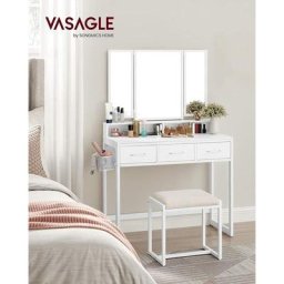 Vasagle Coiffeuse avec Tabouret Rembourré, avec Miroir Triple, 3 Tiroirs, Porte-sèche-Cheveux, Pot,