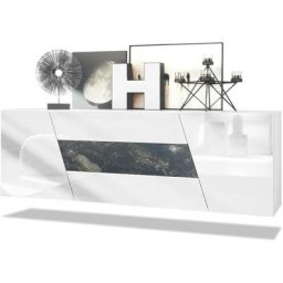 Buffet Commode Dressoir Crédence Houston pendaison Blanc mat - haute brillance - Marbre Graphite