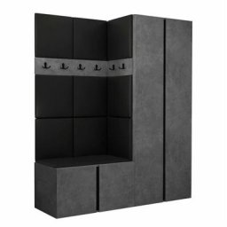 Ensemble entrée Hartford 266, Béton + Noir, 186x158x46cm, Béton, Noir, Stratifié, Faux cuir, Mural,