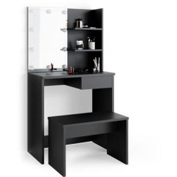 Coiffeuse ""Dekos"" Noir avec banc et éclairage led Vicco
