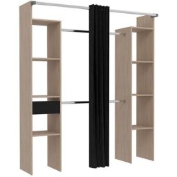 Dressing bois avec rideau noir : 2 penderies, 6 étagères et un tiroir elysee - Bois