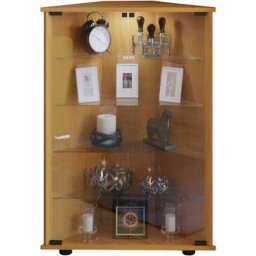 Jecka Vitrine armoire d'angle avec 2 portes vitrées, lumière LED et imitation hêtre. - Marron