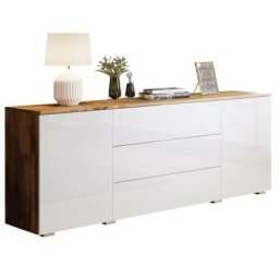 Commode Sarasota 129, Chêne wotan + Blanc brillant, Avec tiroirs et portes, 68x150x39cm - Chêne
