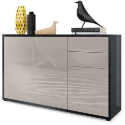 Commode Armoire Dressoir Crédence Ben V3 Noir mat - haute brillance - Façades en Gris sable haute