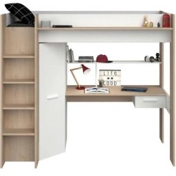 High Lit combiné mezzanine enfant - Décor chene et blanc - Sommier inclus - 90 x 200 cm - Parisot