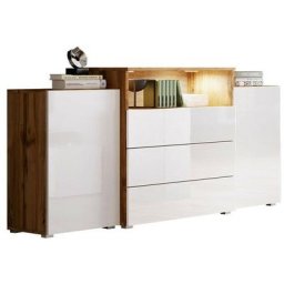 Commode Sarasota 127, Chêne wotan + Blanc brillant, Avec tiroirs et portes, 81x150x39cm - Chêne