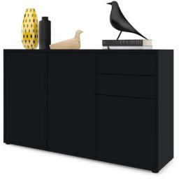 Vladon - Commode Armoire Dressoir Crédence Ben V3 Noir mat - haute brillance - Façades en Noir mat
