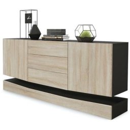 Buffet Commode Dressoir Crédence City en Noir - haute brillance & tons naturels - Portes en Chêne