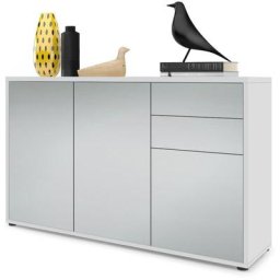 Commode Armoire Dressoir Crédence Ben V3 Blanc mat - haute brillance - Façades en Gris clair satiné