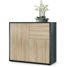 Commode Armoire Dressoir Crédence Ben Noir mat - haute brillance & tons naturels - Façades en Chêne