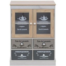 Rebecca Mobili Armoire Vitrine Shabby avec 4 Tiroirs et 2 portes en Bois Blanc Beige Gris