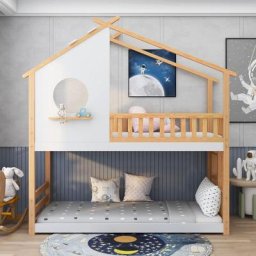 Lit cabane enfant 90 x 200cm - avec escalier à angle droit, fenêtres, protection antichute, sommier