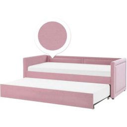 Lit Gigogne 90 x 200 cm Rembourré en Velours Rose et Capitonné et Moderne Idéal pour Enfant Chambre