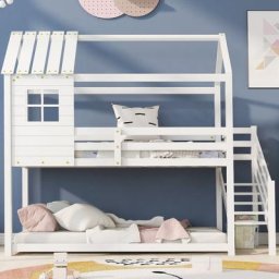 Lit cabane enfant 90x200cm - avec escalier d'angle, fenêtres, sommier à lattes en pin, clôture,