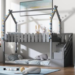 Lit cabane enfant 90x200cm, avec 2 tiroirs, barrière, escalier d'angle, en bois massif, double pour