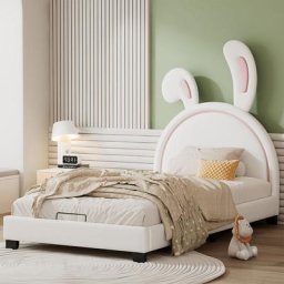 Merax - Lit simple coffre 90 x 200 cm en cuir synthétique, Tête de lit en forme de lapin, Cadre en