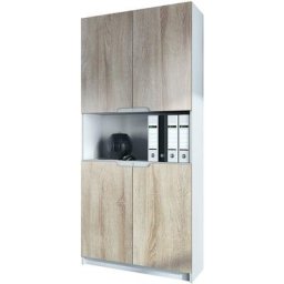Vladon - Armoire de bureau haute Rangement Logan V2 Blanc mat - haute brillance - Portes en Chêne
