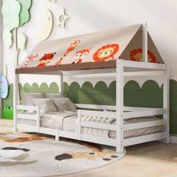 Merax - Lit cabane pour enfant 190 x 90 cm avec barrières en bois de pin massif, Toit en tissu,