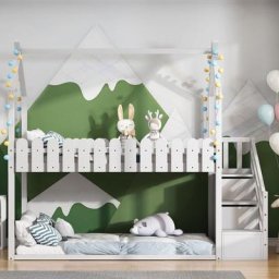 Lit cabane enfant 90x200cm, avec 2 tiroirs, barrière, escalier d'angle, en bois massif, double pour
